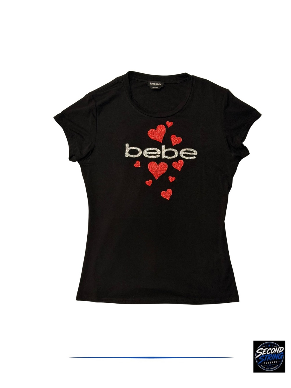 bebe Black Short Sleeve Tee with Red Heart Embellishments